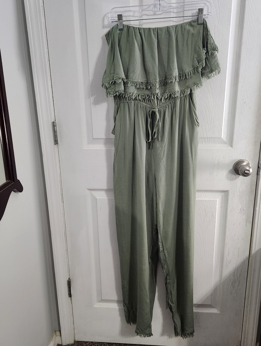 Altar'd State olive fringe jumpsuit Off The Shoulder ruffle small Whimsical Boho